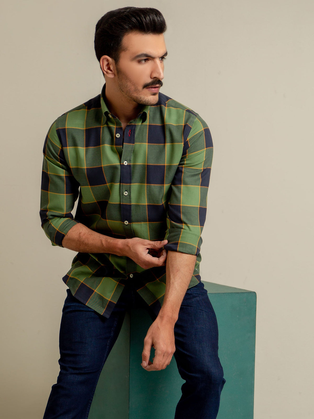 Green & Navy Checkered Flannel Shirt