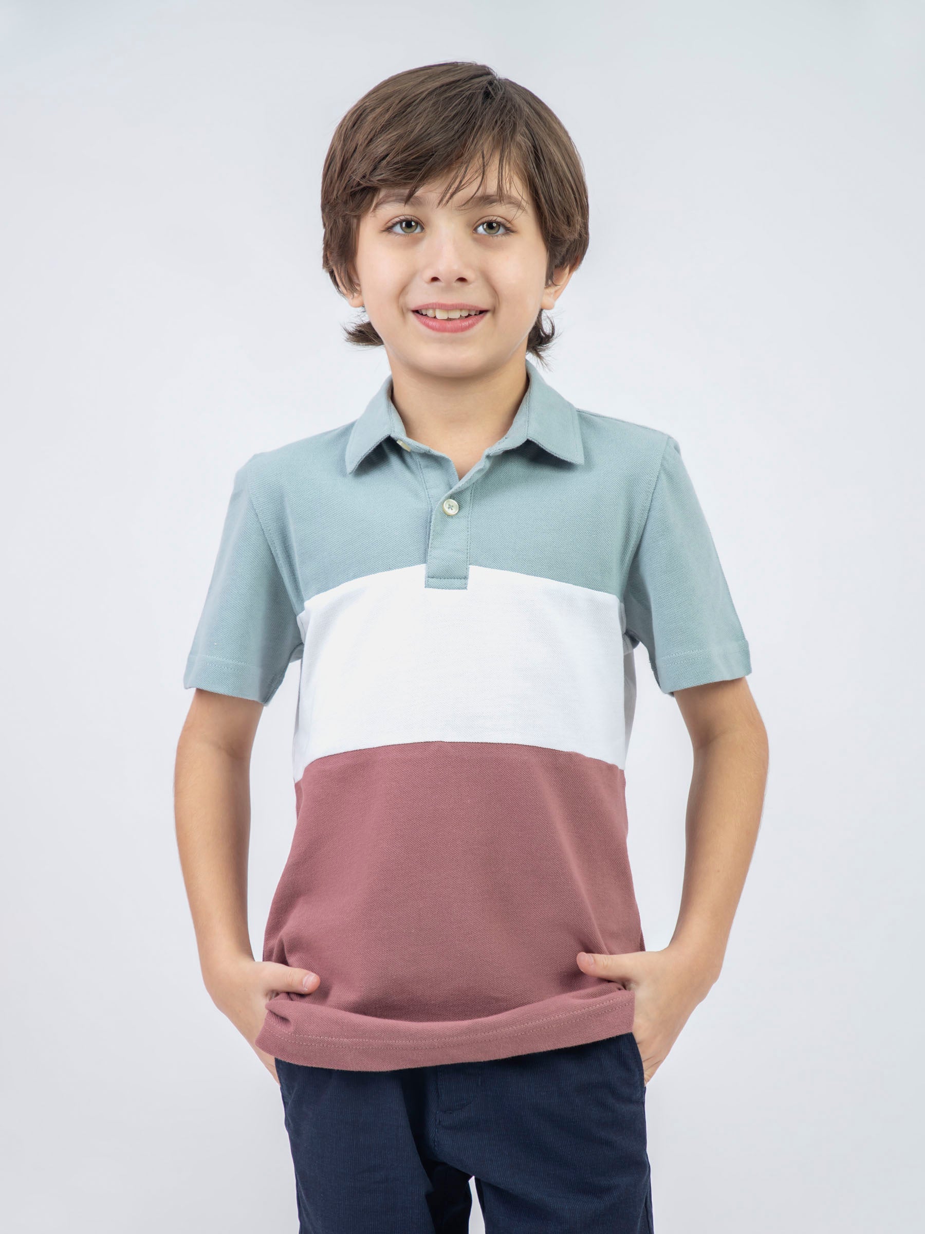 Green & Pink Three Tone Casual Pique Polo