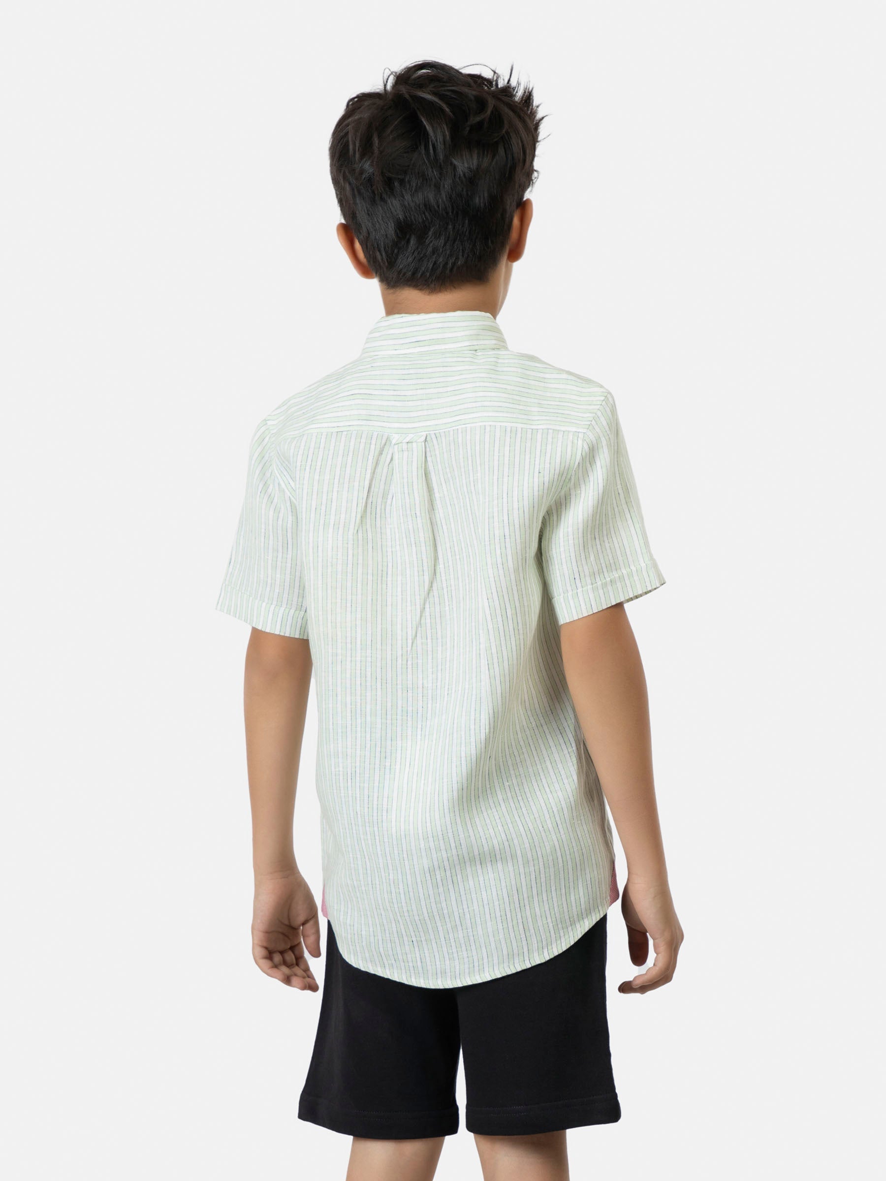 Green & White Cotton/Linen Striped Half Sleeve Casual Shirt