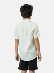 Green & White Cotton/Linen Striped Half Sleeve Casual Shirt