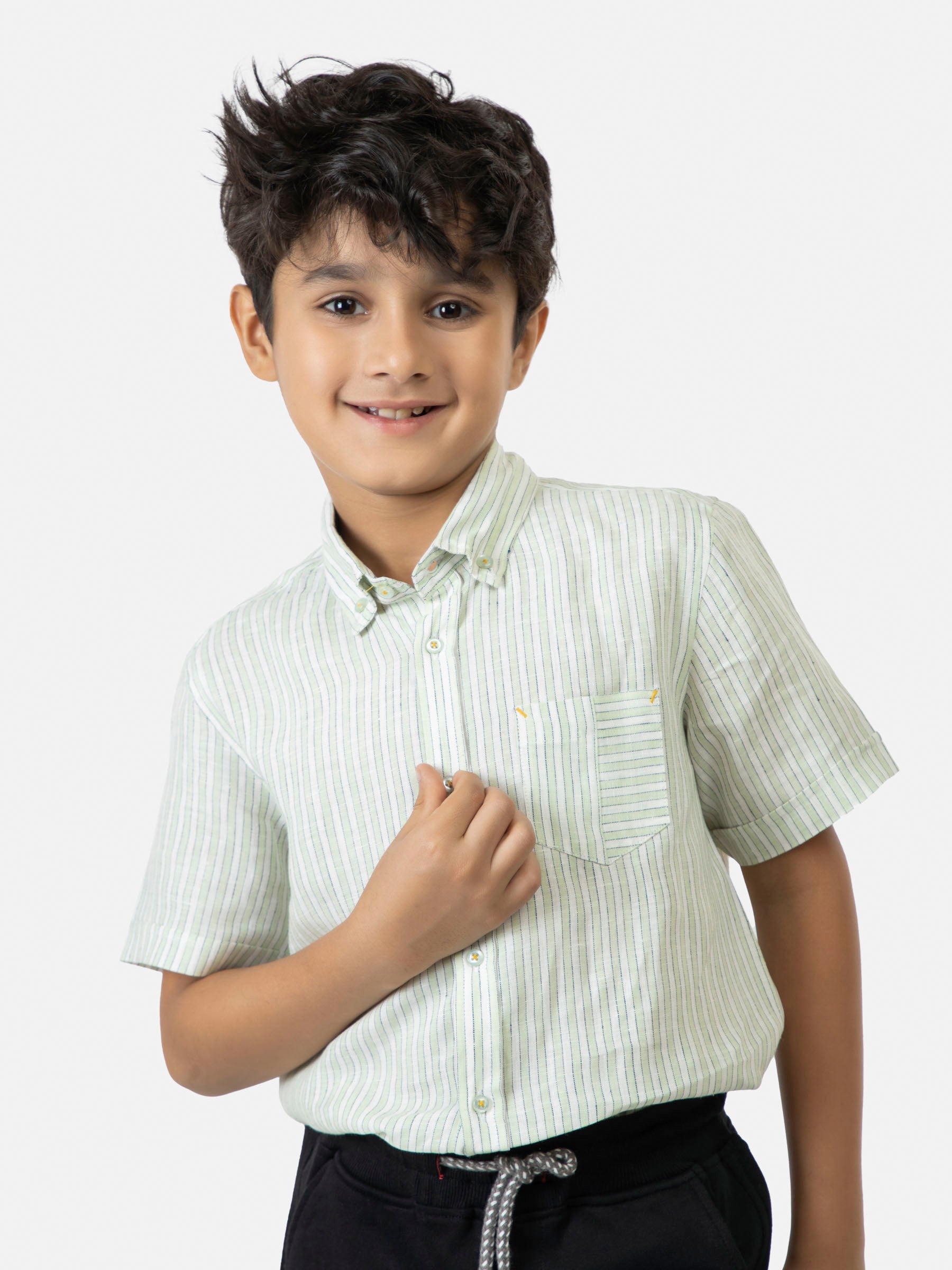 Green & White Cotton/Linen Striped Half Sleeve Casual Shirt