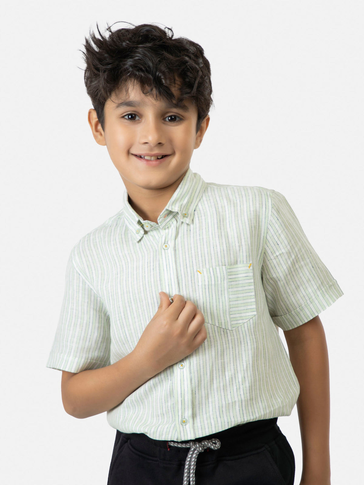 Green & White Cotton/Linen Striped Half Sleeve Casual Shirt
