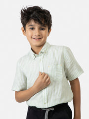 Green & White Cotton/Linen Striped Half Sleeve Casual Shirt