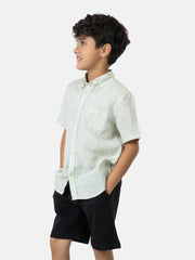 Green & White Cotton/Linen Striped Half Sleeve Casual Shirt