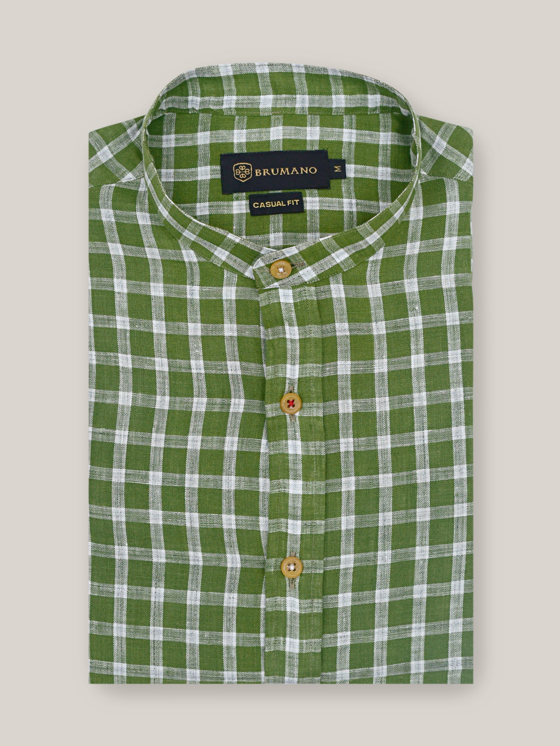 Green & White Linen Mao Collar Shirt