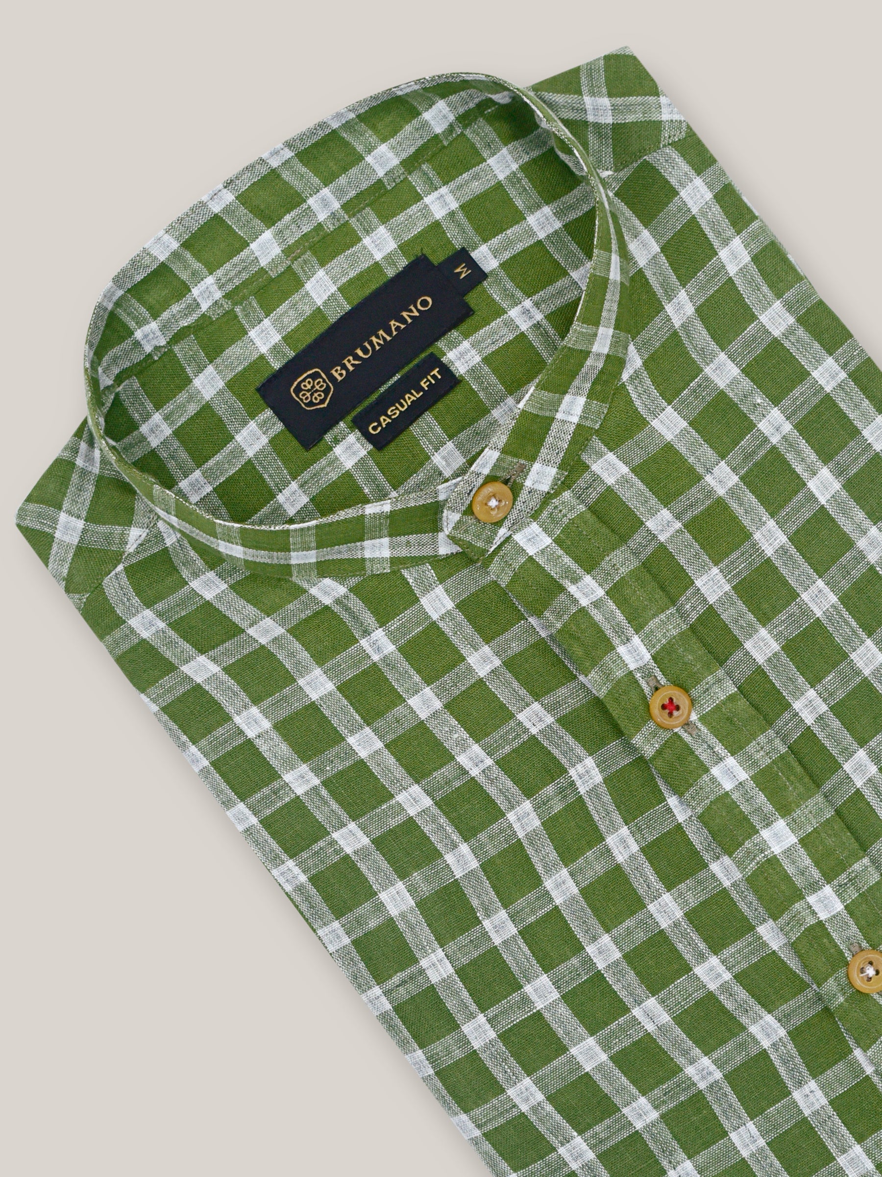 Green & White Linen Mao Collar Shirt