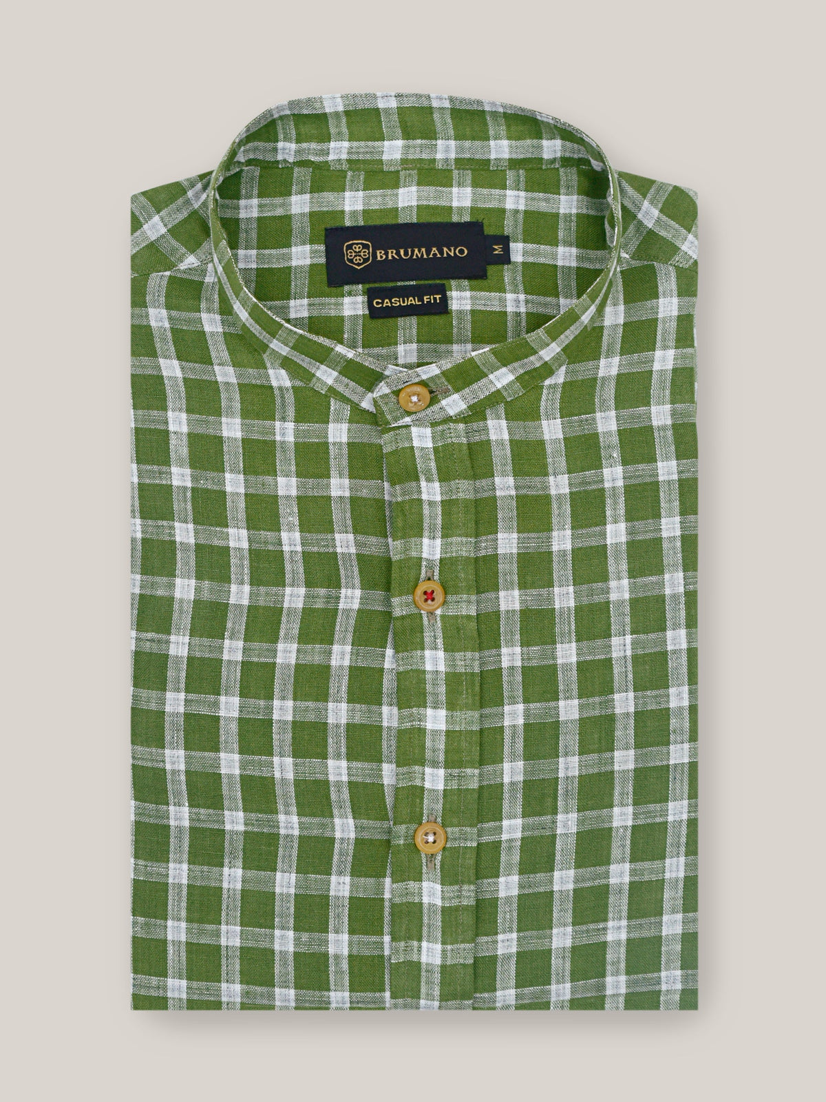 Green & White Linen Mao Collar Shirt