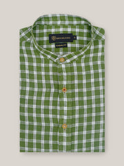 Green & White Linen Mao Collar Shirt
