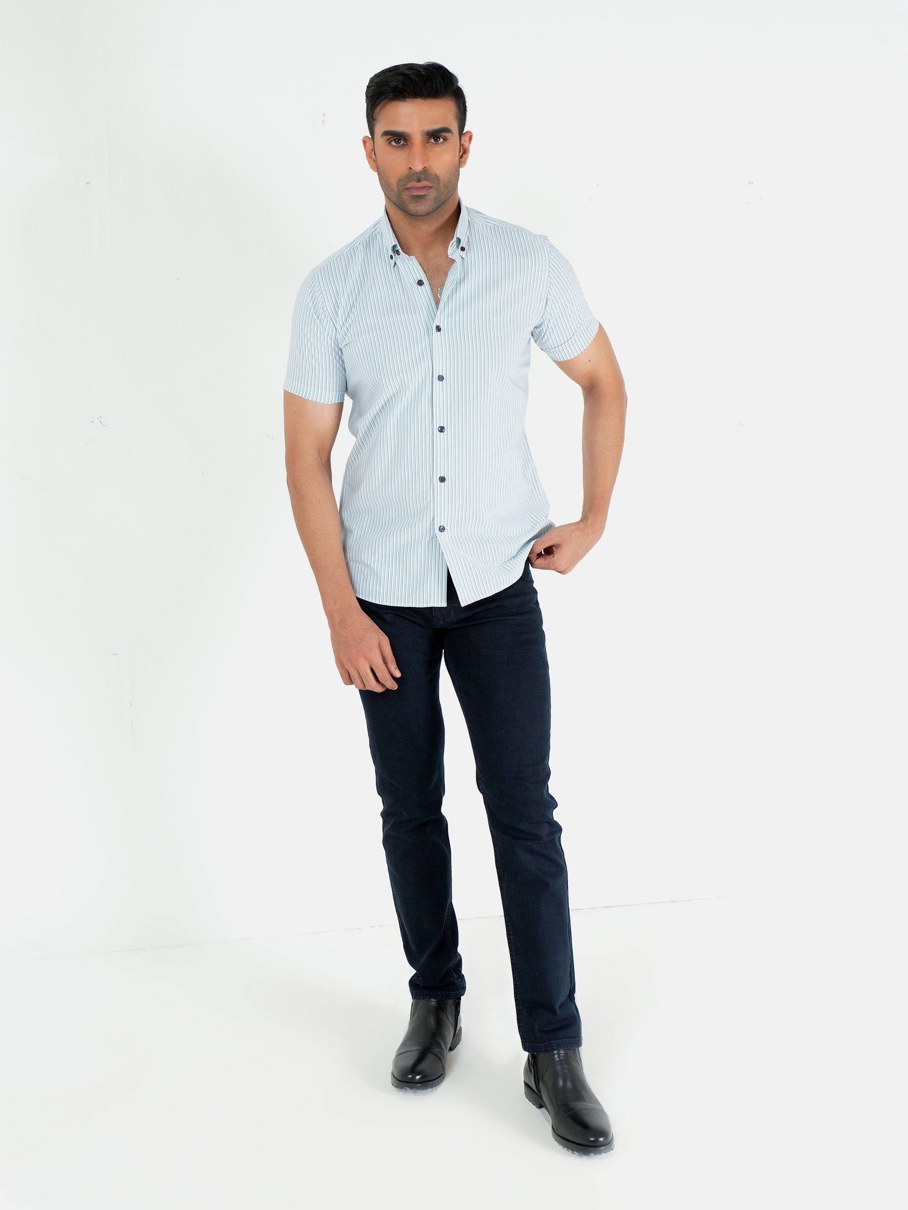Green & White Striped Seersucked Half Sleeve Shirt
