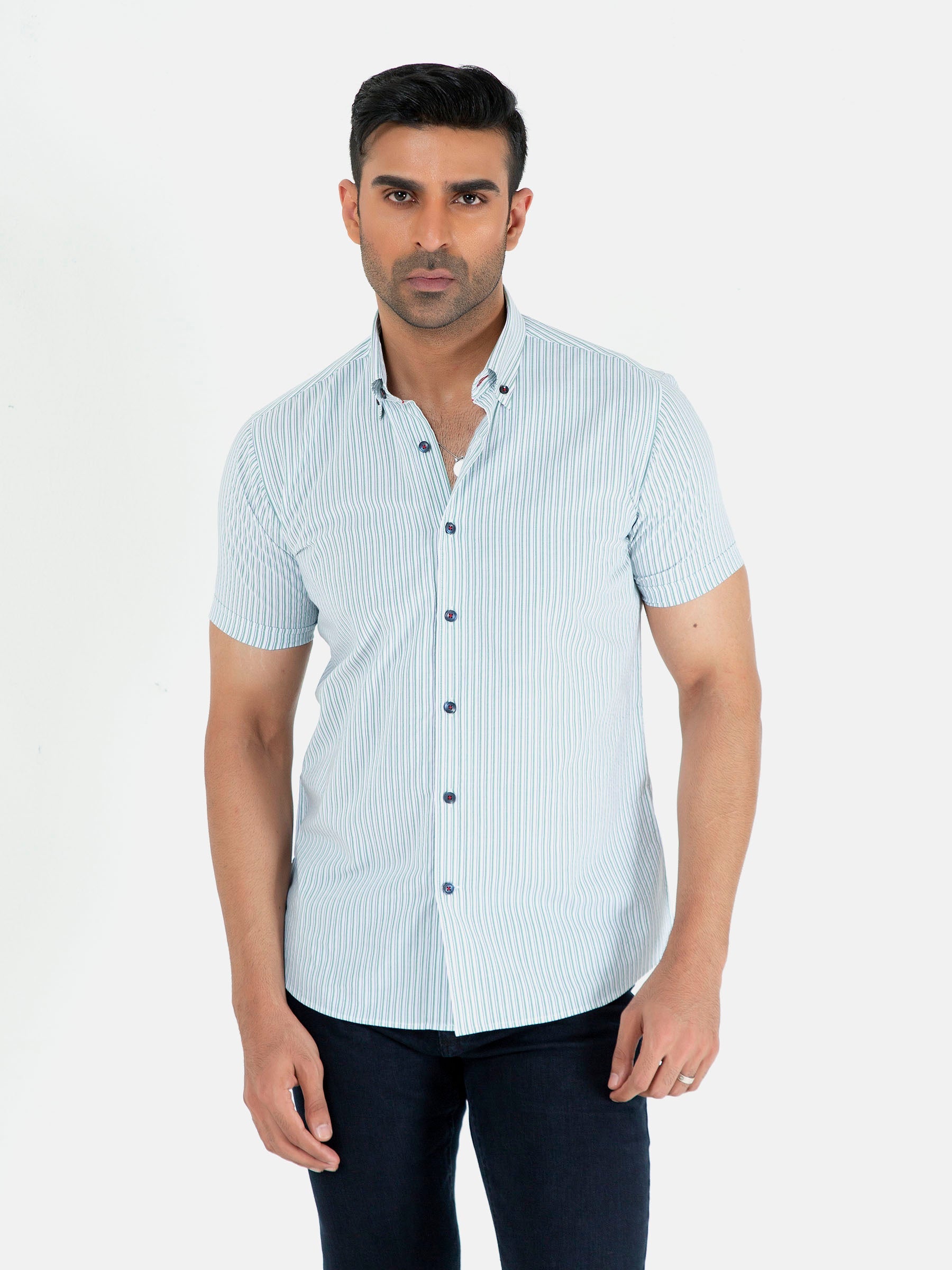 Green & White Striped Seersucked Half Sleeve Shirt