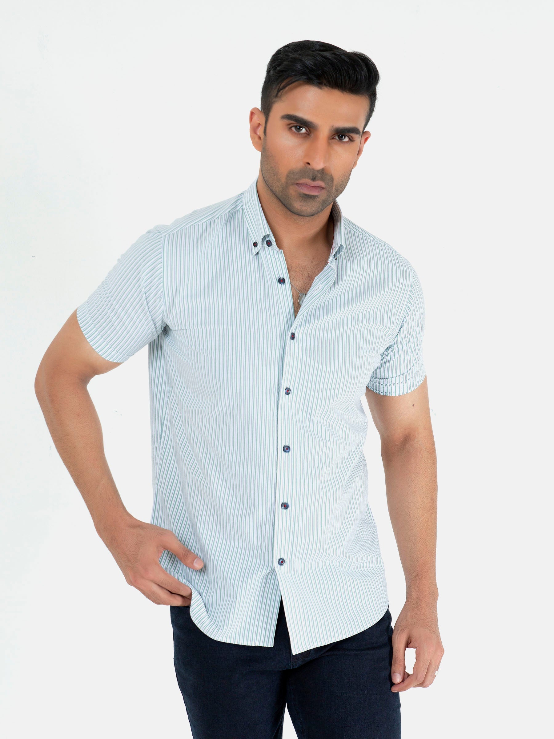 Green & White Striped Seersucked Half Sleeve Shirt