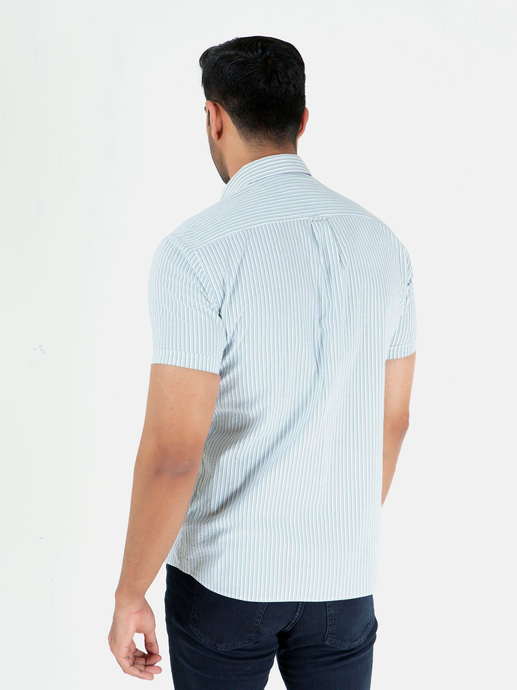 Green & White Striped Seersucked Half Sleeve Shirt