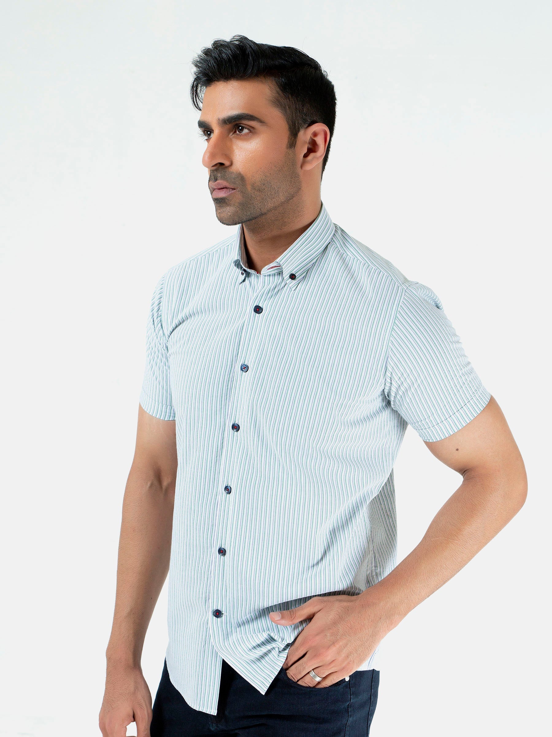 Green & White Striped Seersucked Half Sleeve Shirt