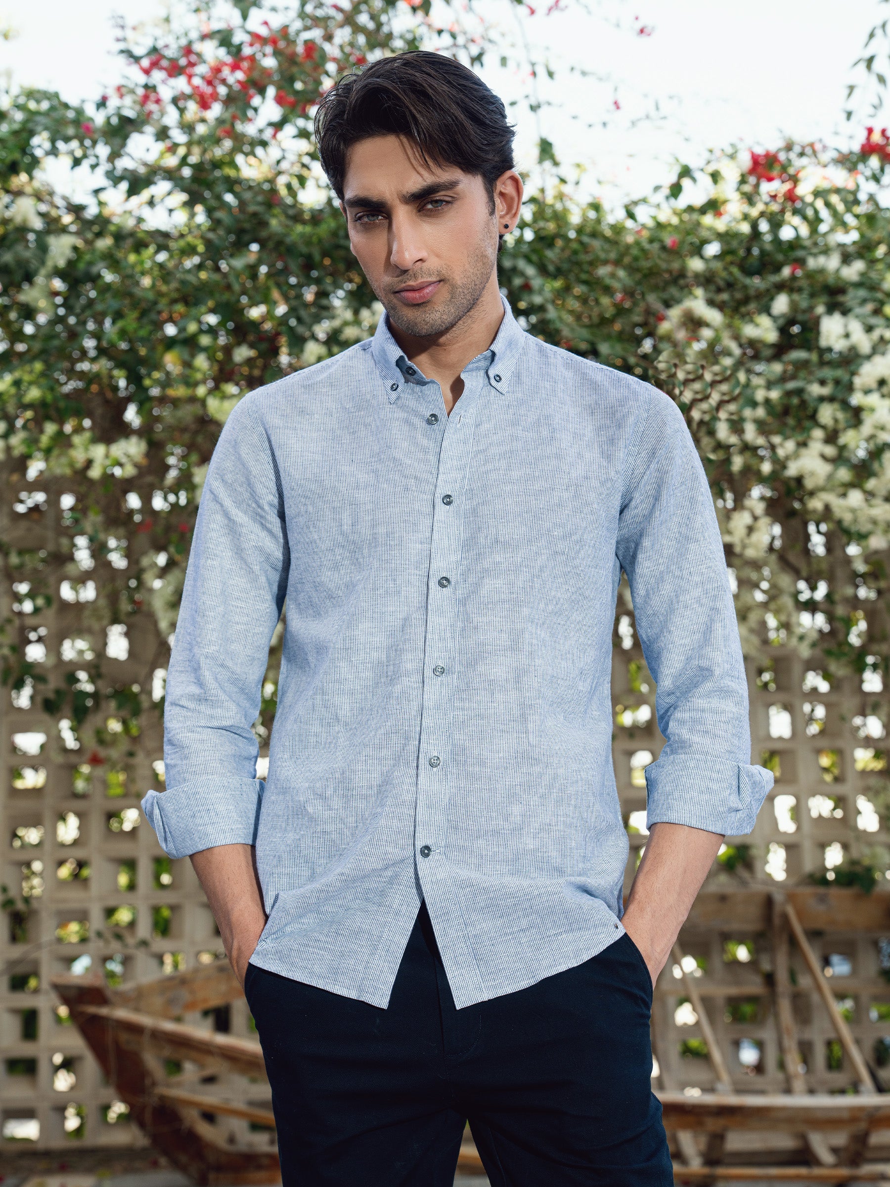 Grey 100% Linen Striped Button Down Shirt