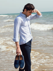 Grey 100% Linen Striped Button Down Shirt