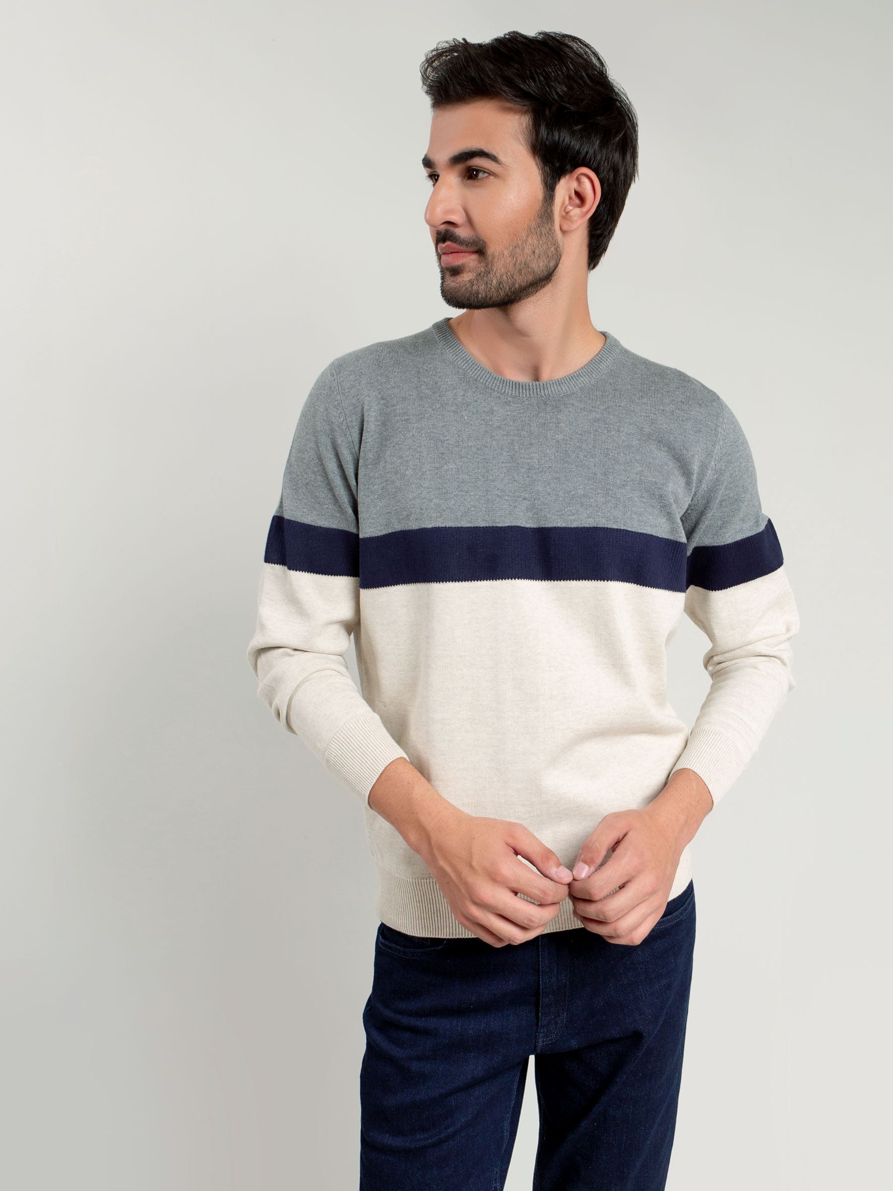 Grey & Beige Striped Crew Neck Sweater