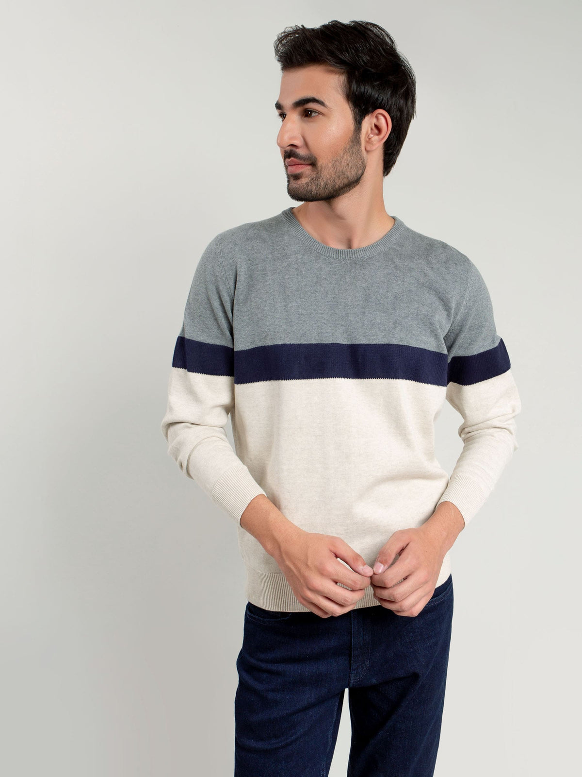 Grey & Beige Striped Crew Neck Sweater