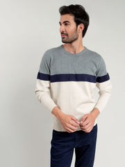 Grey & Beige Striped Crew Neck Sweater