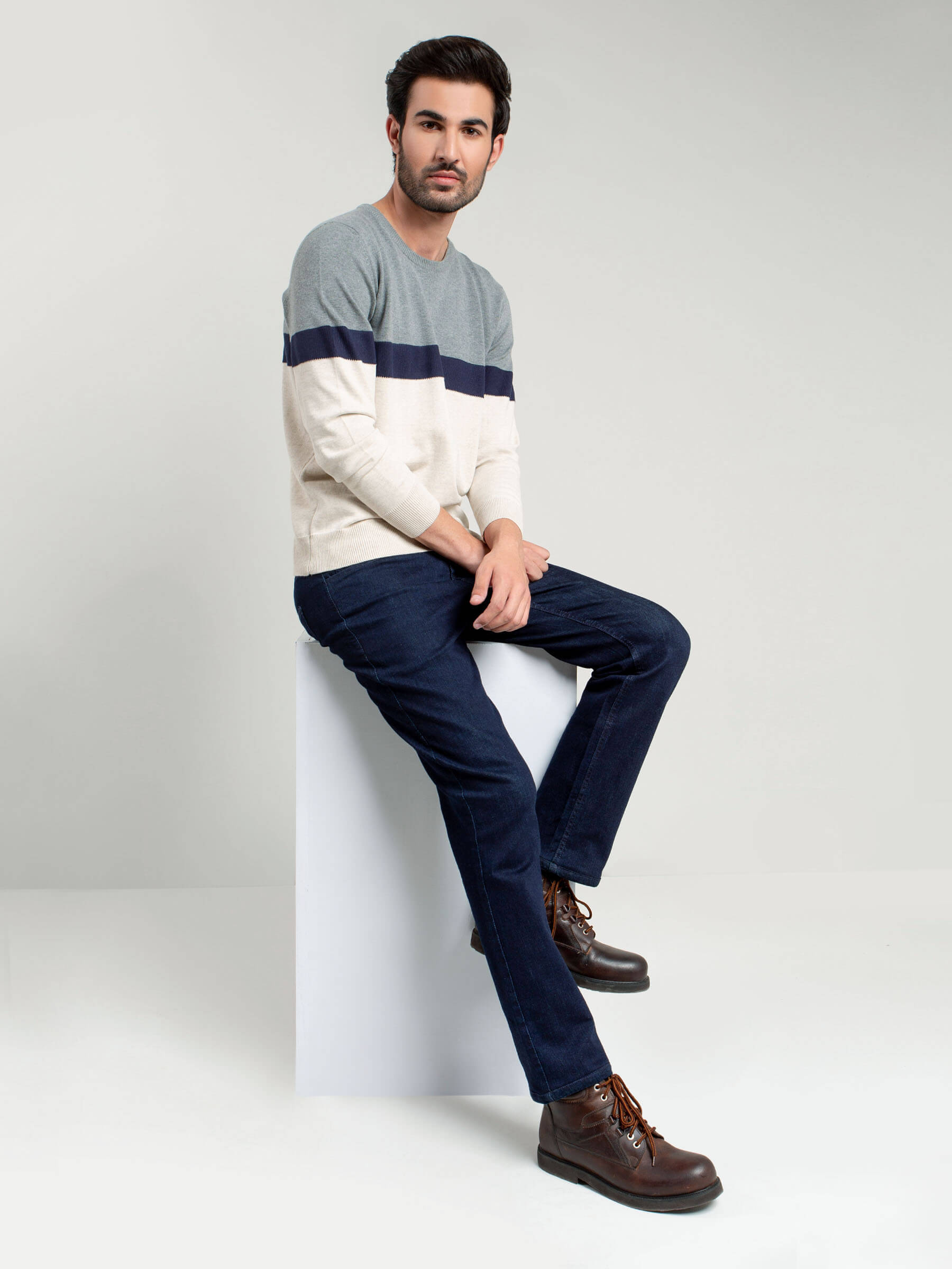 Grey & Beige Striped Crew Neck Sweater