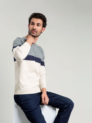 Grey & Beige Striped Crew Neck Sweater