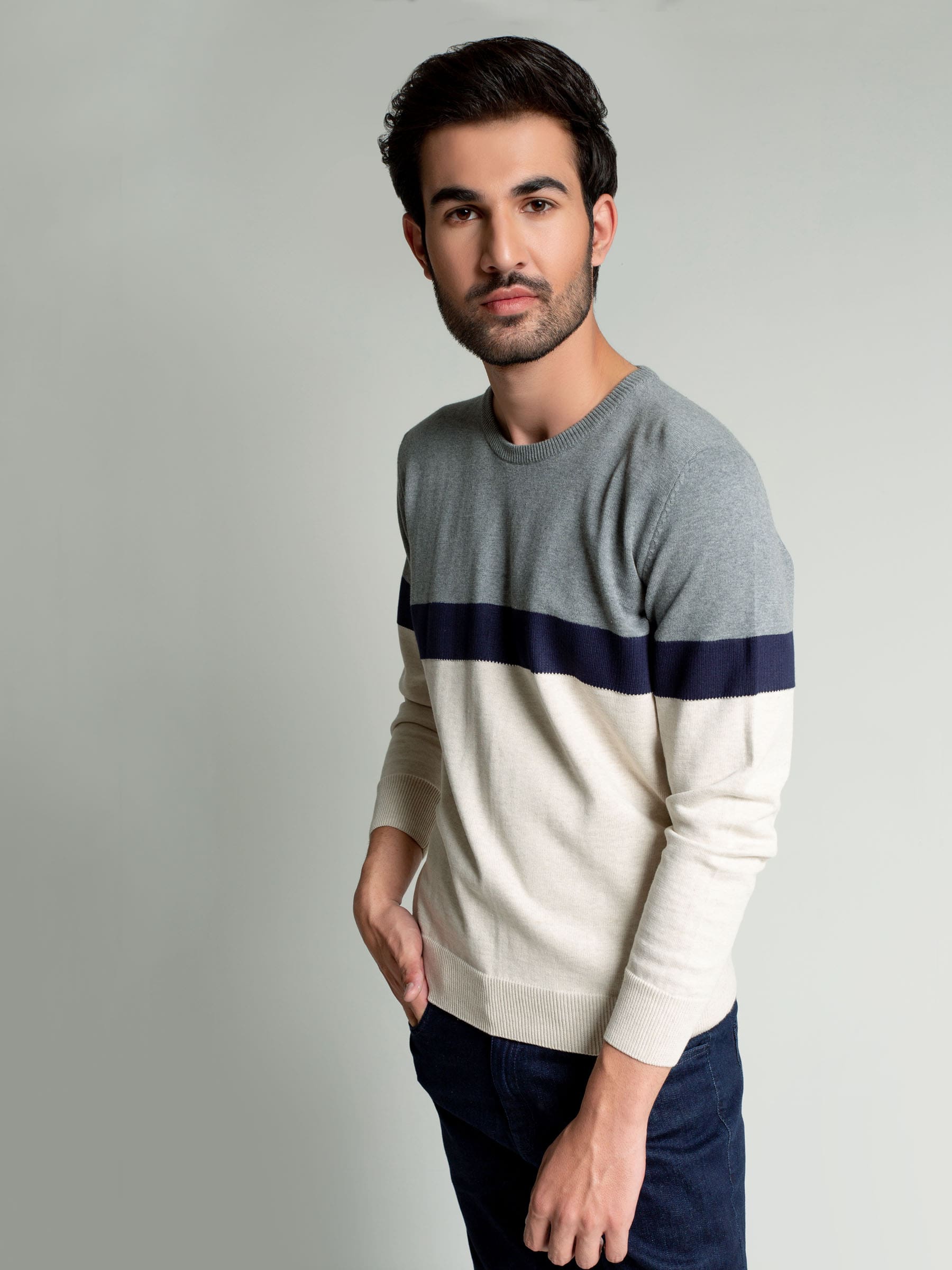 Grey & Beige Striped Crew Neck Sweater