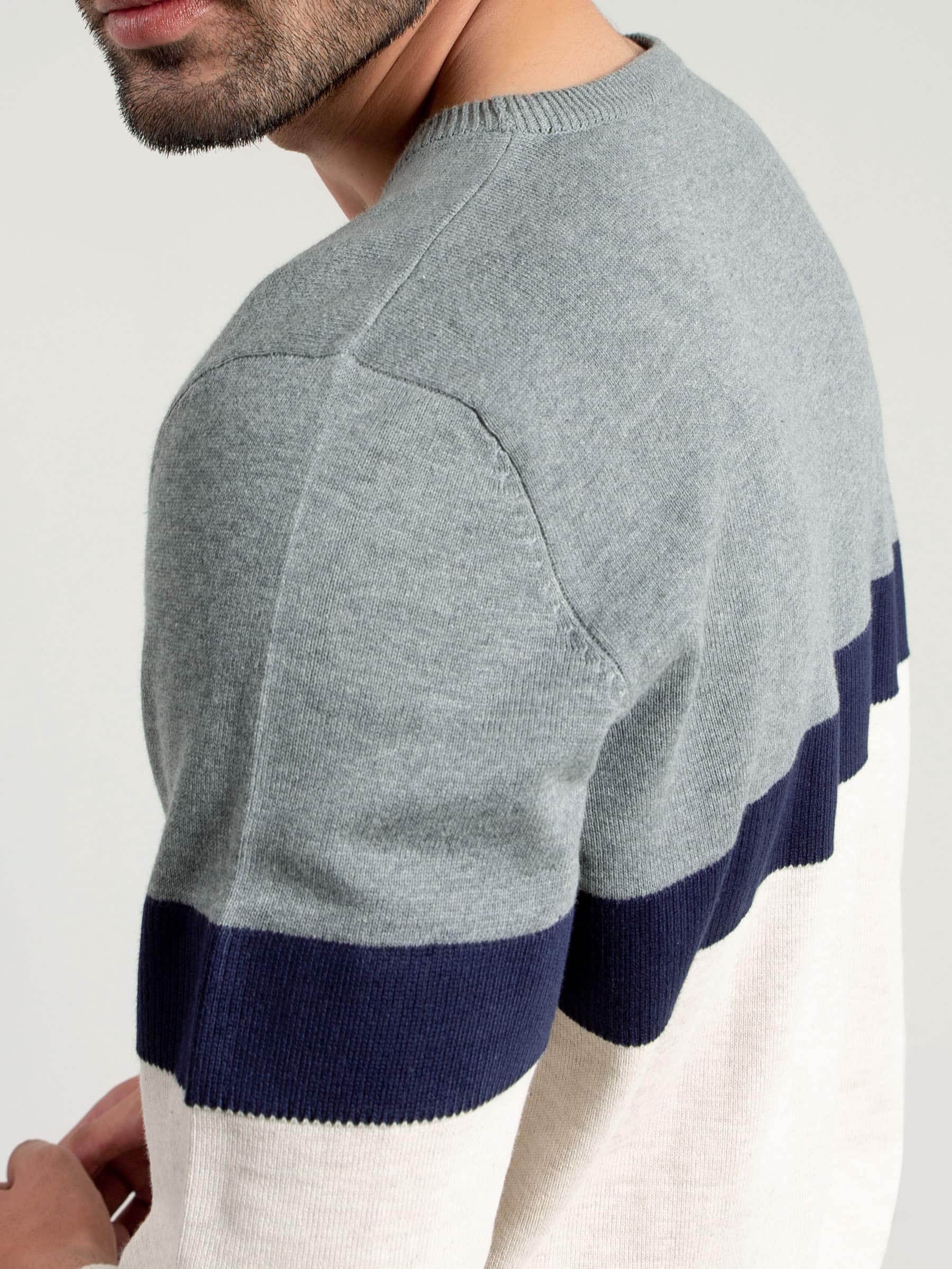 Grey & Beige Striped Crew Neck Sweater