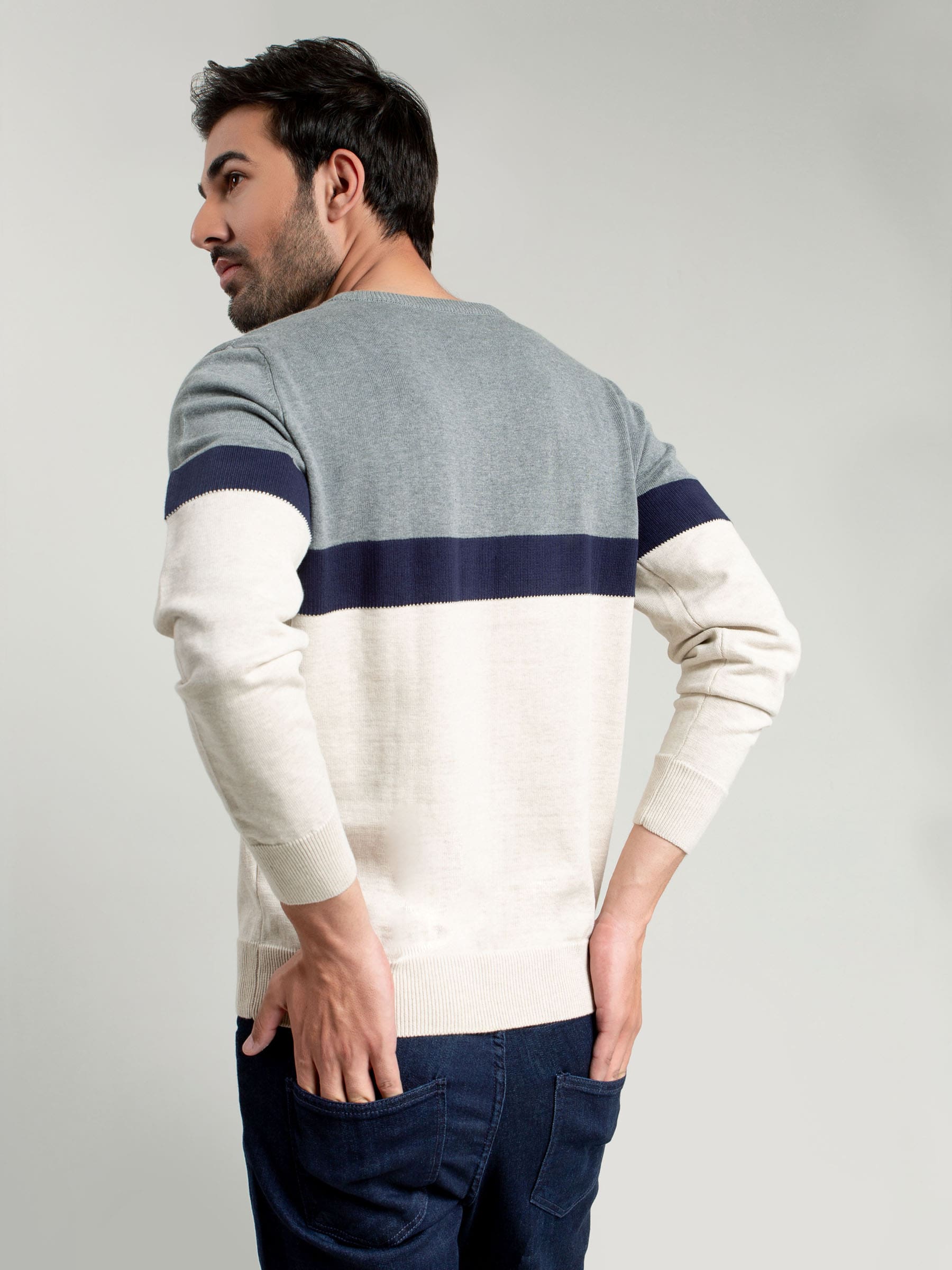 Grey & Beige Striped Crew Neck Sweater
