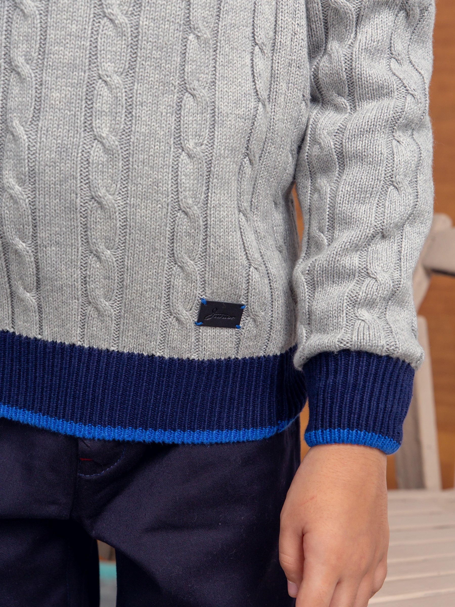 Grey Cable Knitted Mock Neck Casual Sweater
