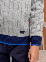 Grey Cable Knitted Mock Neck Casual Sweater