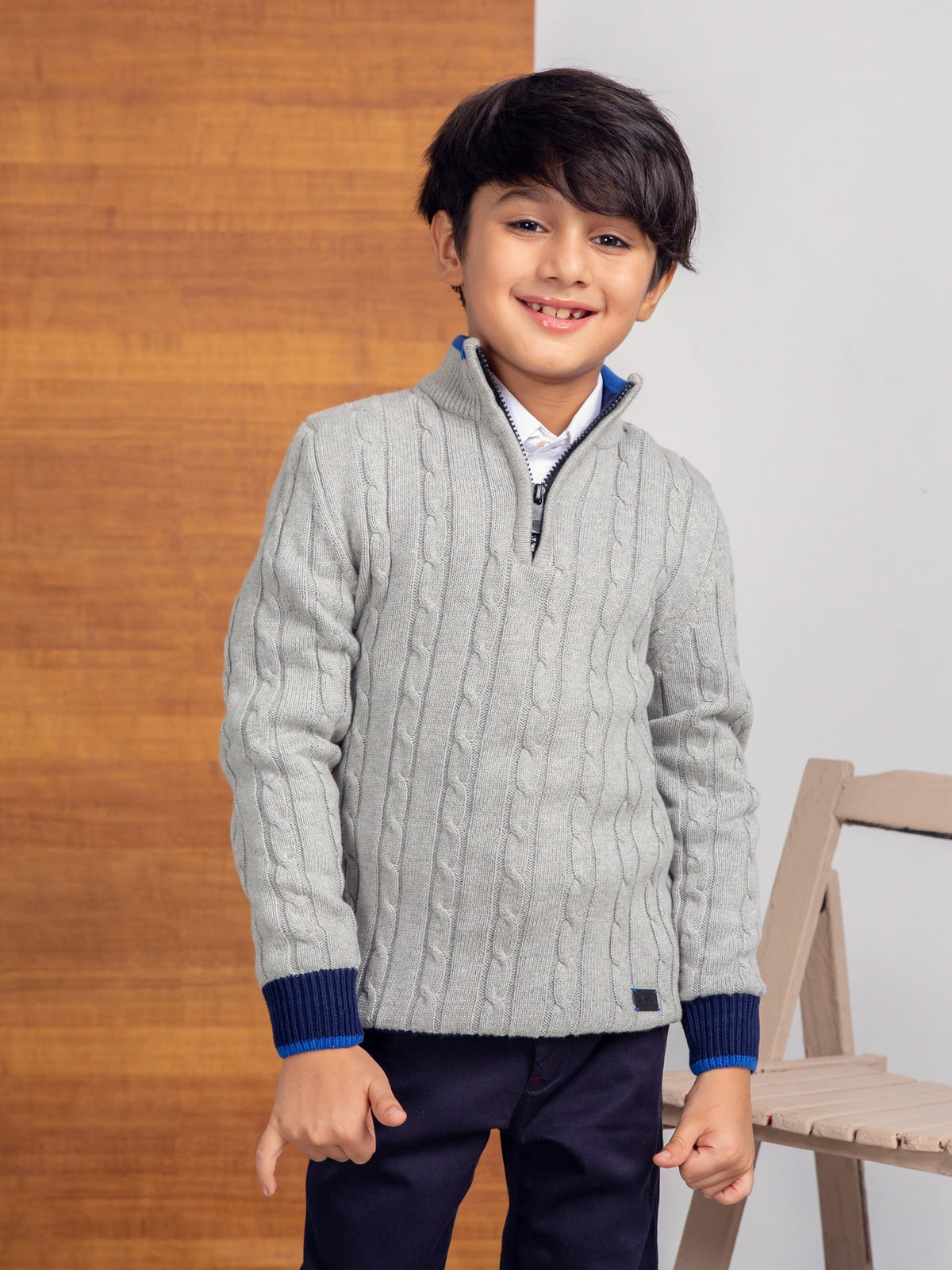 Grey Cable Knitted Mock Neck Casual Sweater