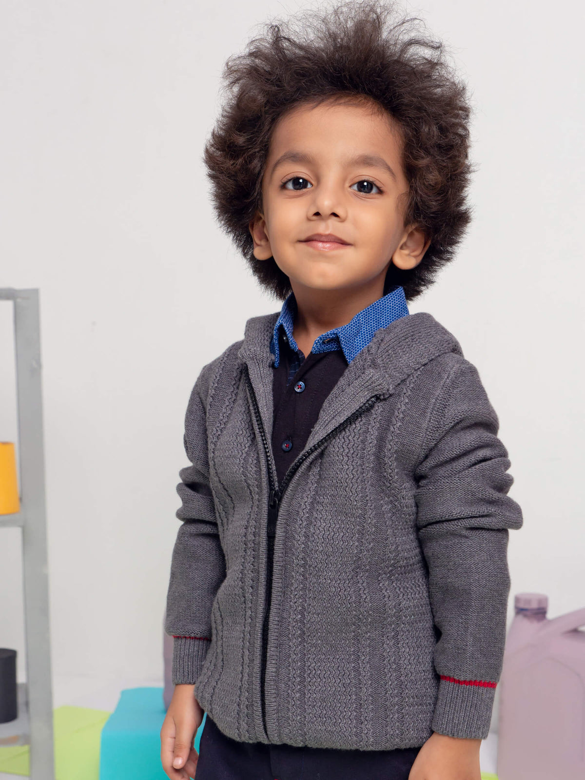Grey Casual Textured Zipper With Hoodie