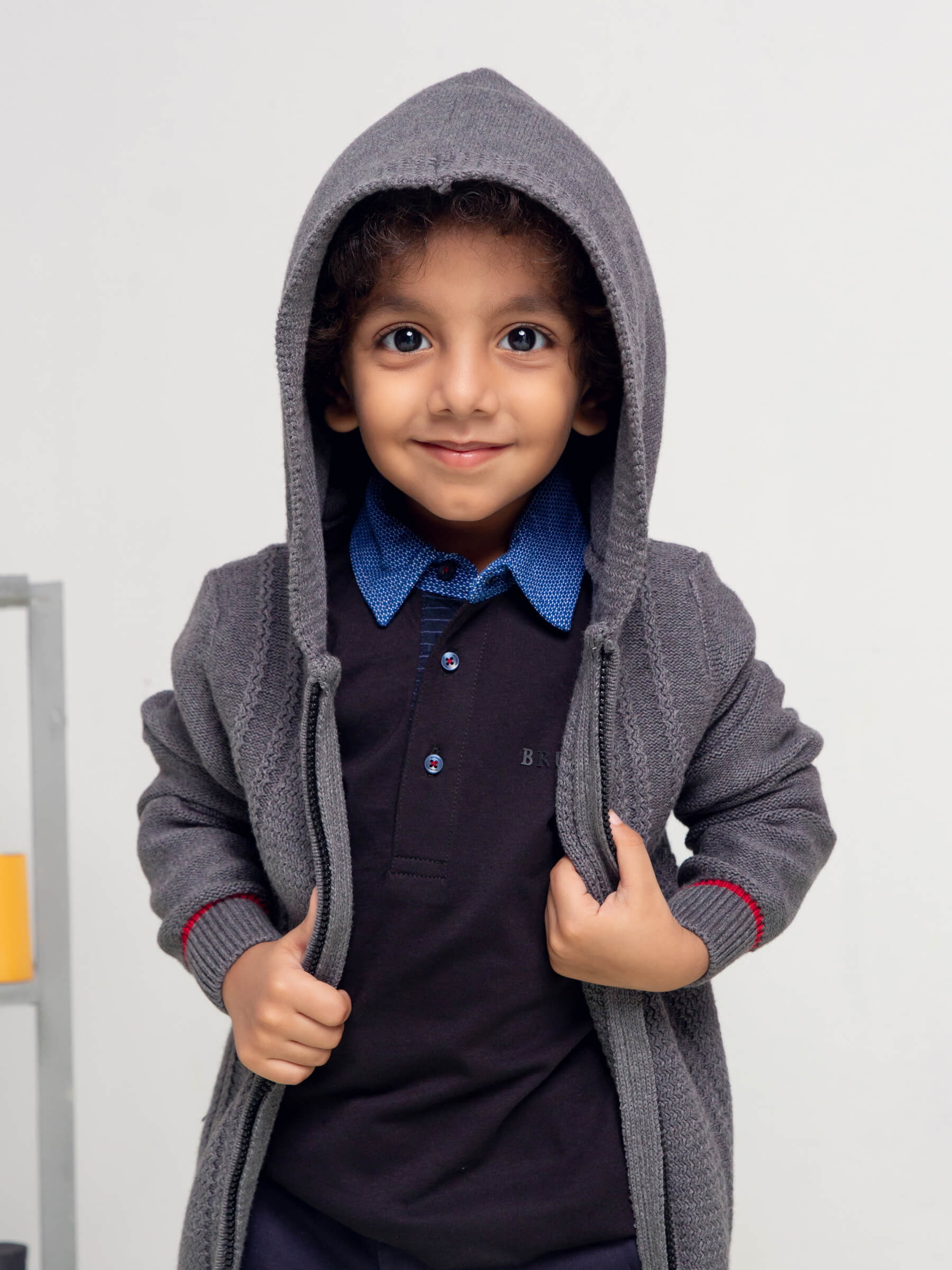 Grey Casual Textured Zipper With Hoodie