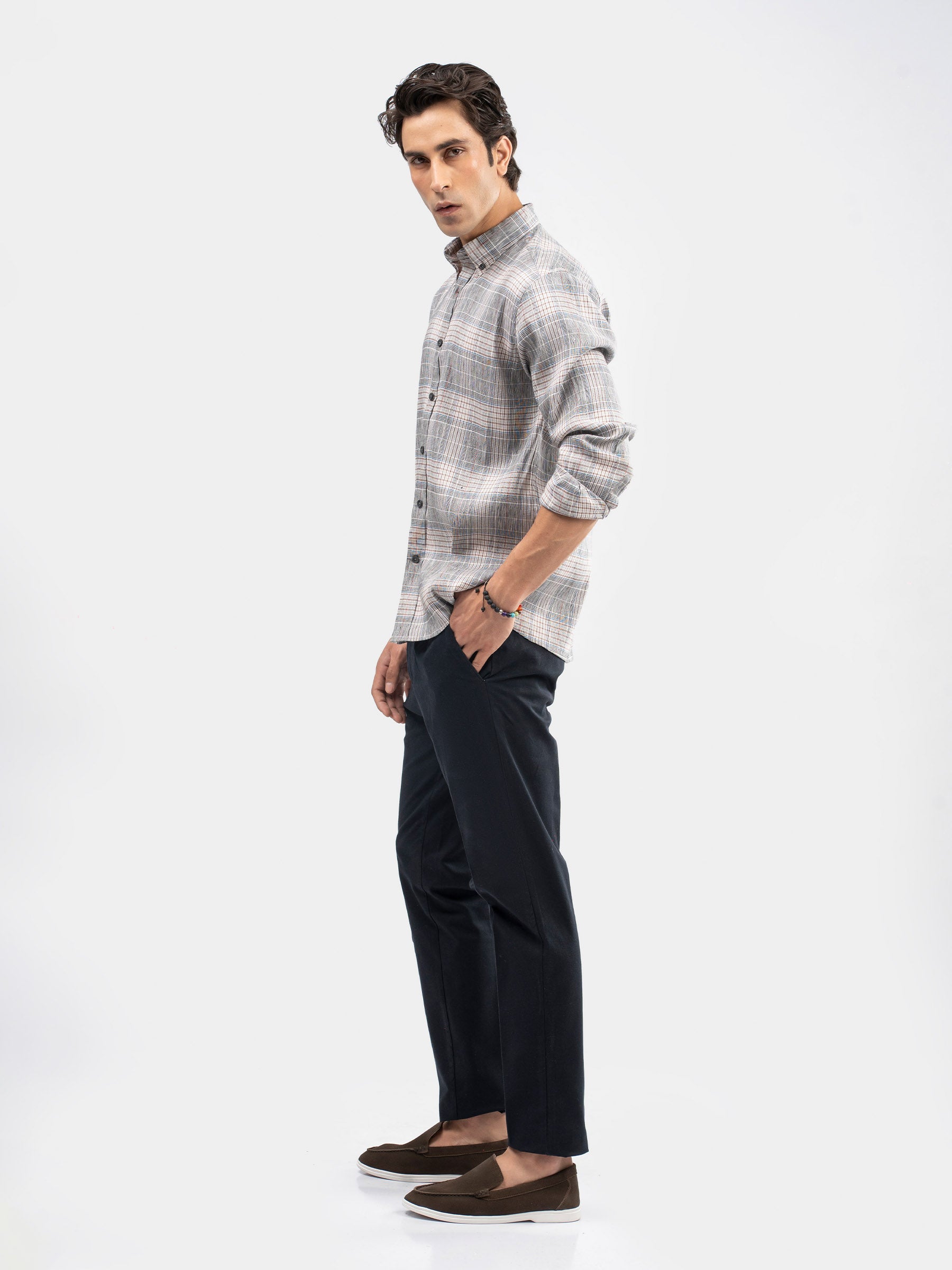 Grey Checkered 100% Linen Button Down Shirt