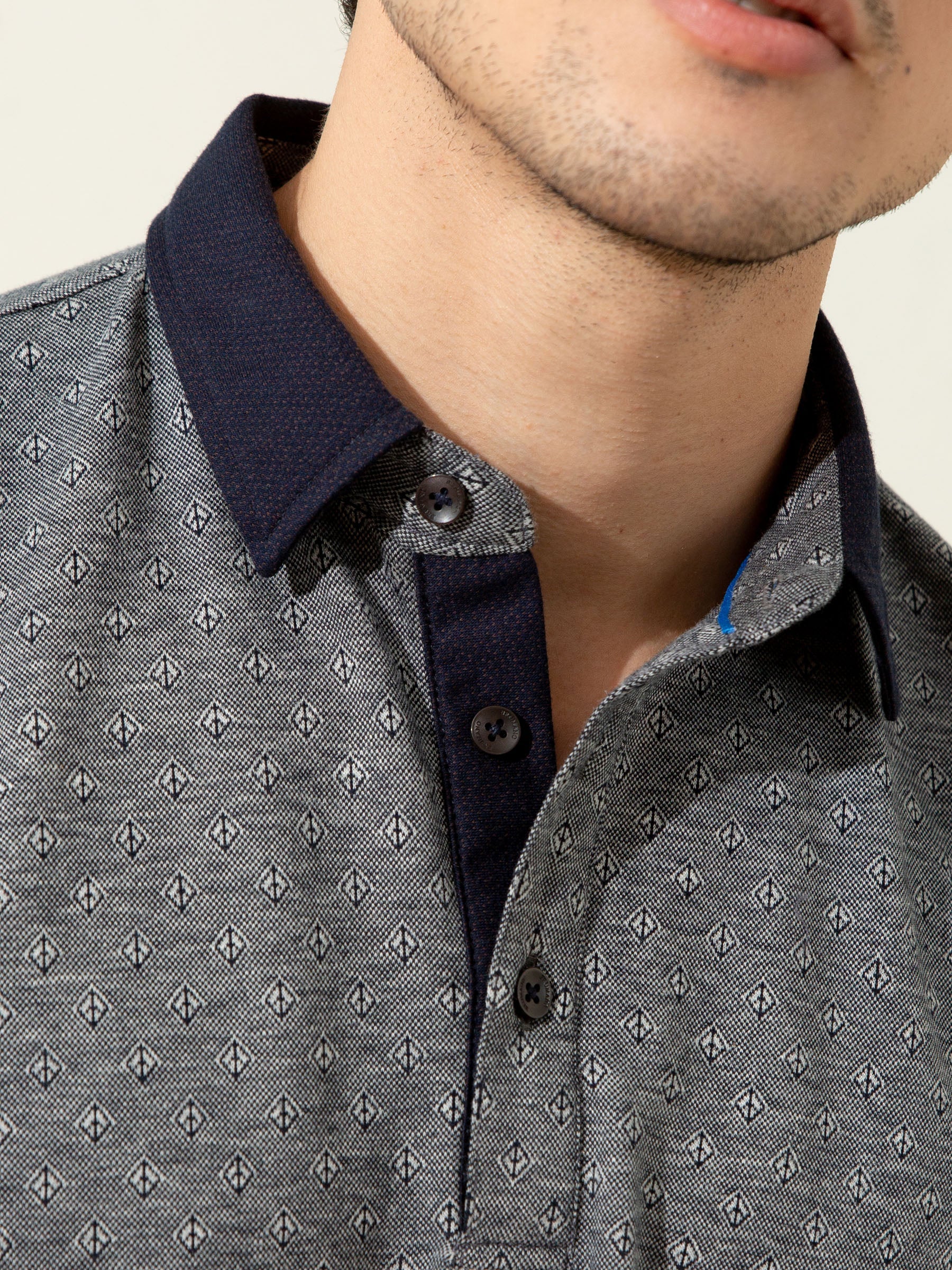 Grey Geometric Jacquard Polo With Contrasting Collar