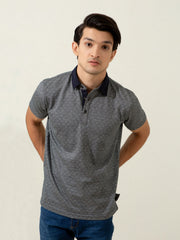 Grey Geometric Jacquard Polo With Contrasting Collar
