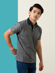 Grey Geometric Jacquard Polo With Contrasting Collar