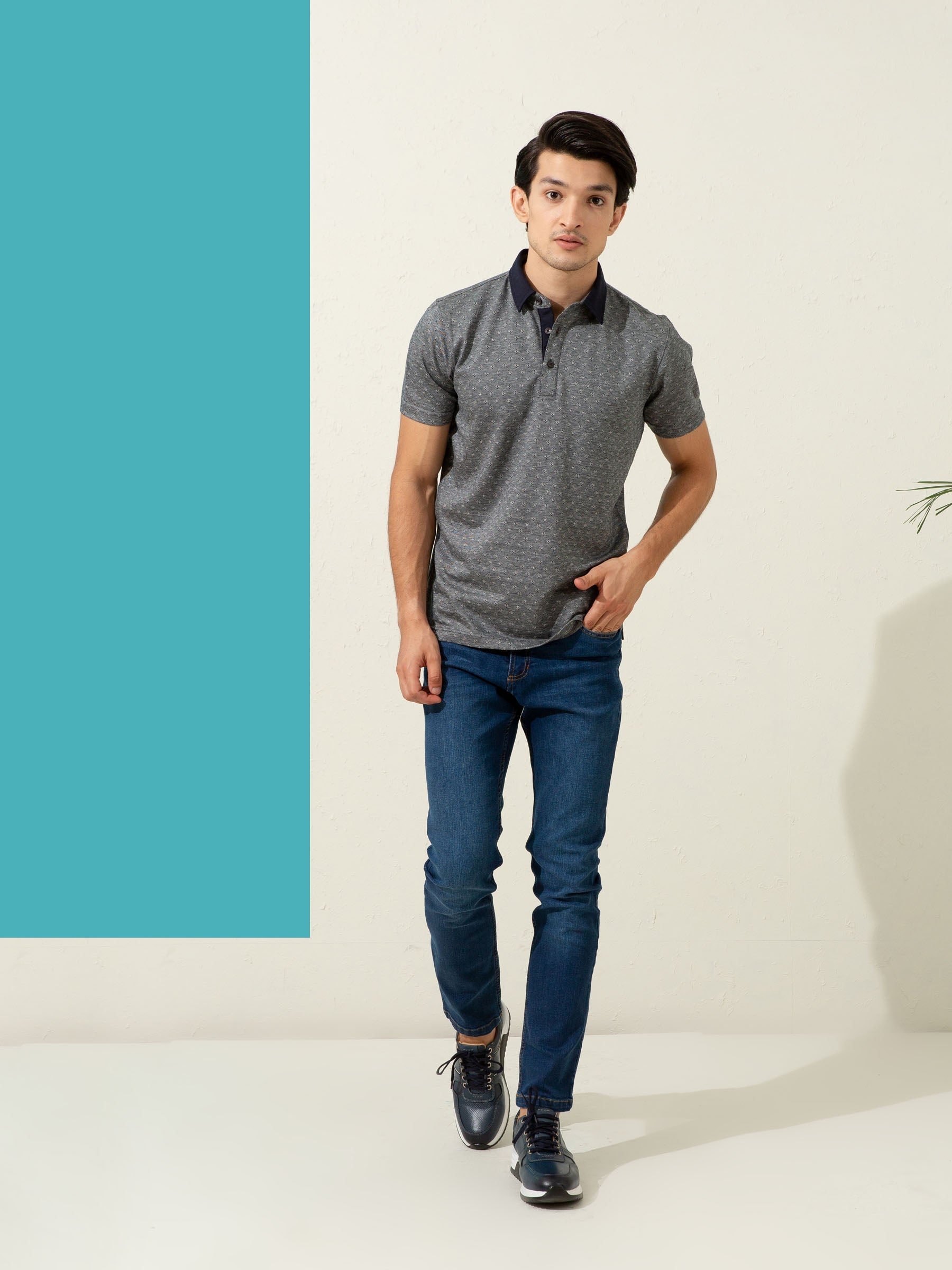 Grey Geometric Jacquard Polo With Contrasting Collar