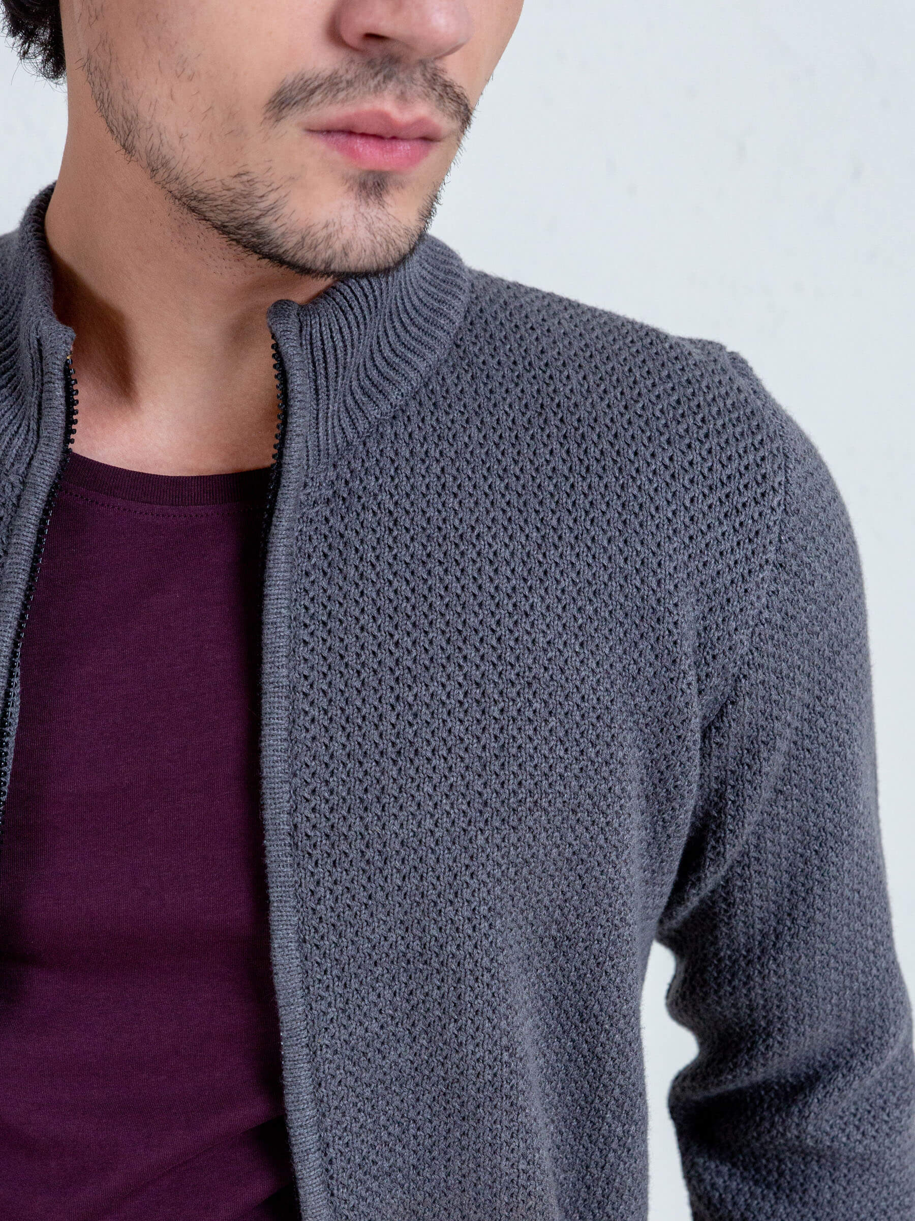 Grey Knitted Chunky Textured Zipper