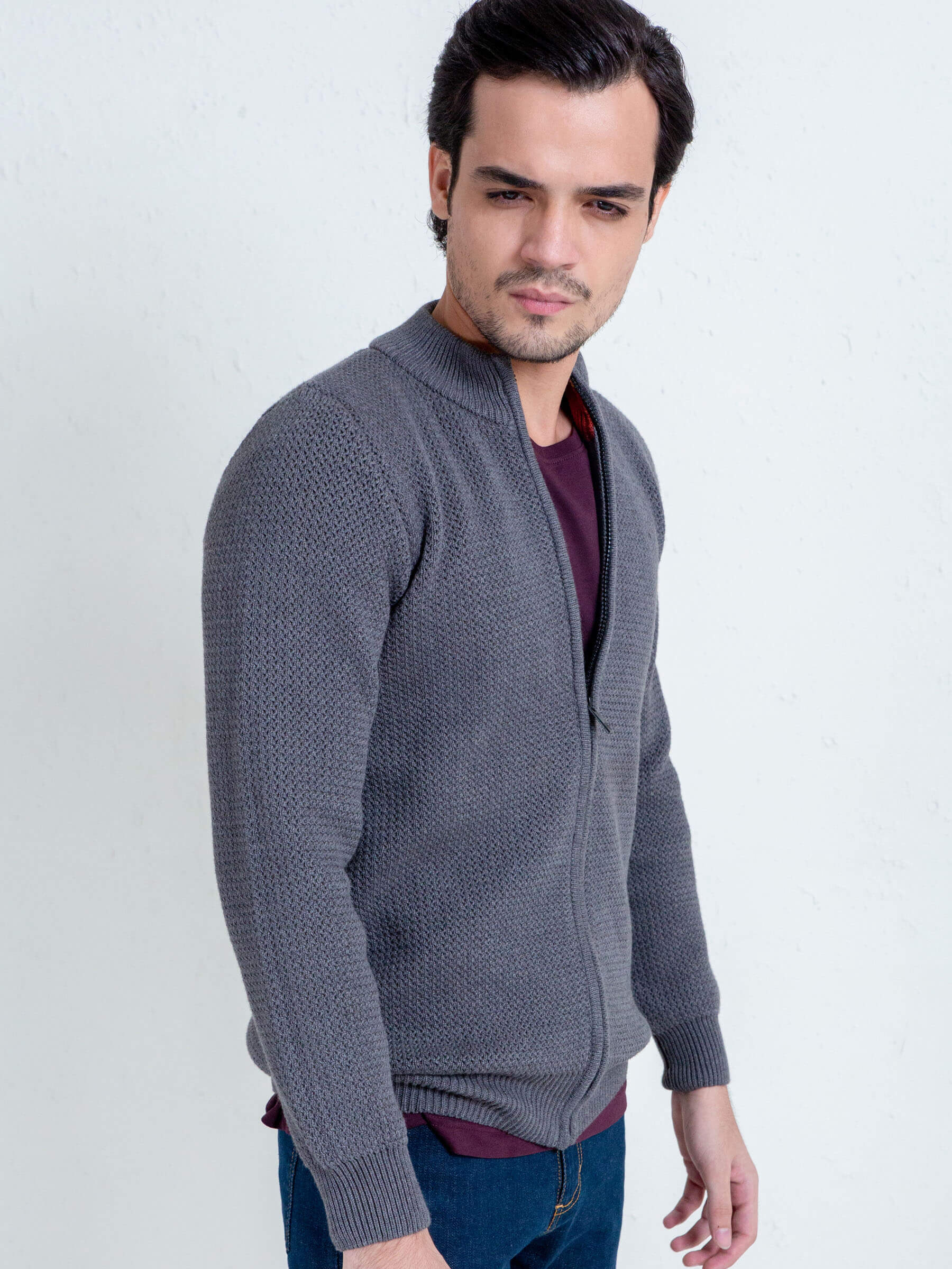 Grey Knitted Chunky Textured Zipper