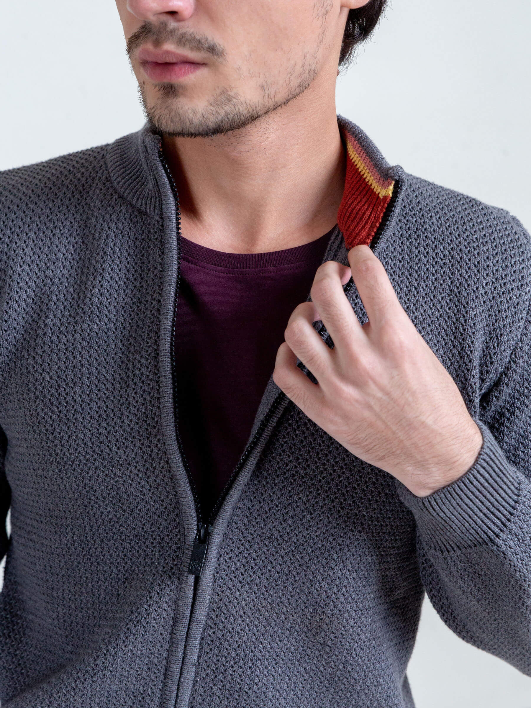 Grey Knitted Chunky Textured Zipper