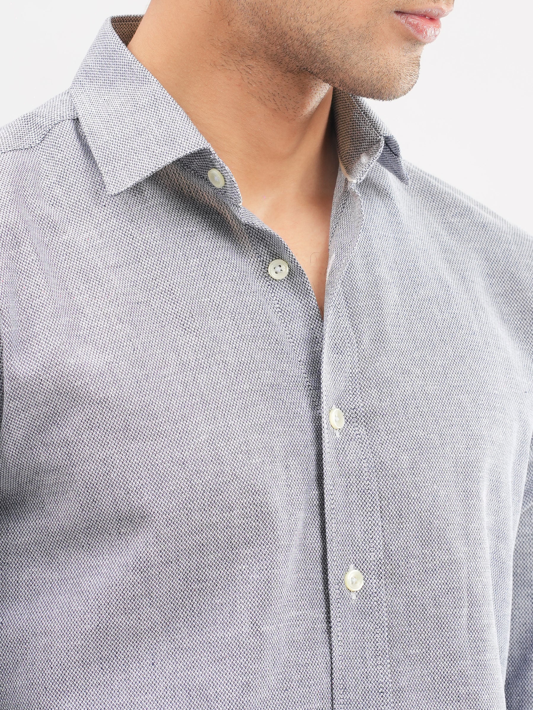Grey Linen Blended Dobby Structured Shirt