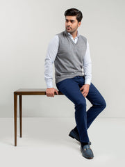 Grey Patterned Sleeveless V-Neck Sweater