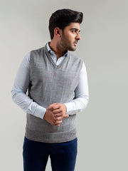 Grey Patterned Sleeveless V-Neck Sweater
