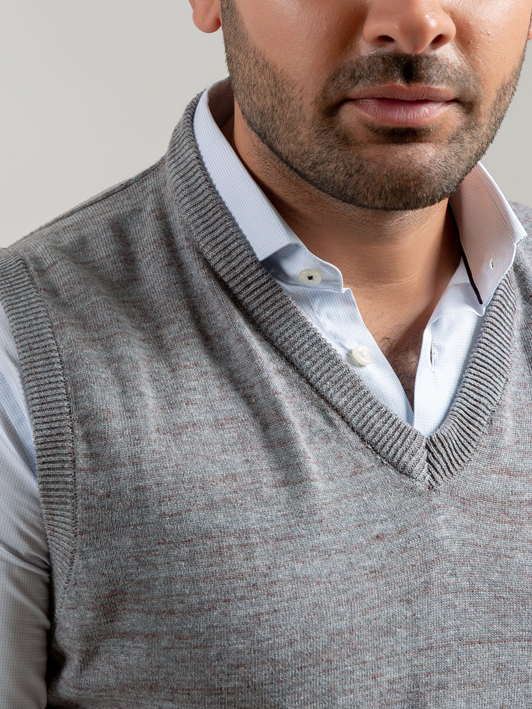 Grey Patterned Sleeveless V-Neck Sweater