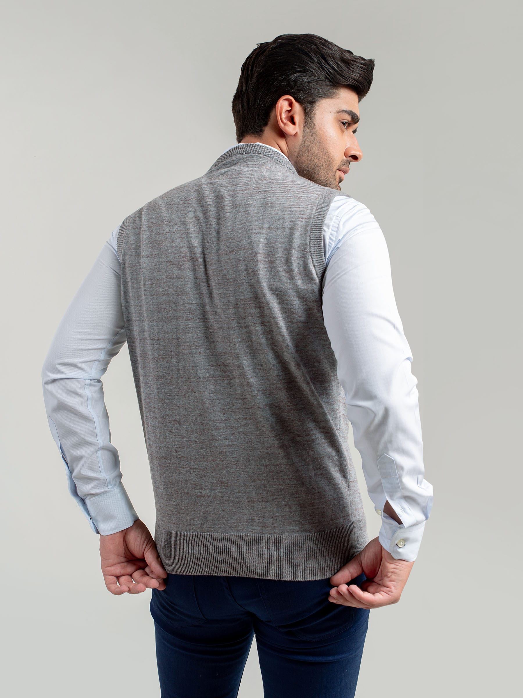 Grey Patterned Sleeveless V-Neck Sweater