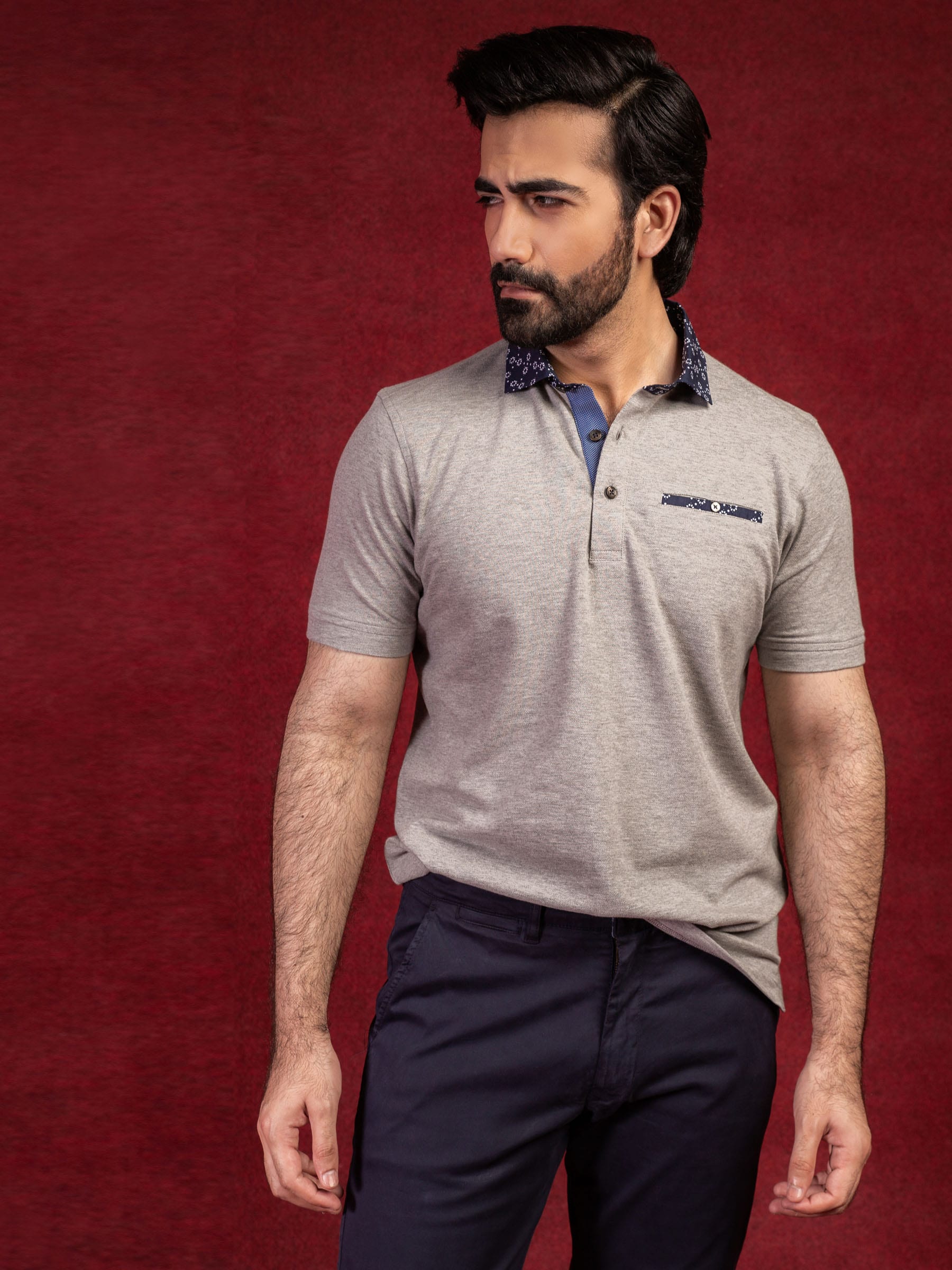 Grey Polo With Navy Printed Collar