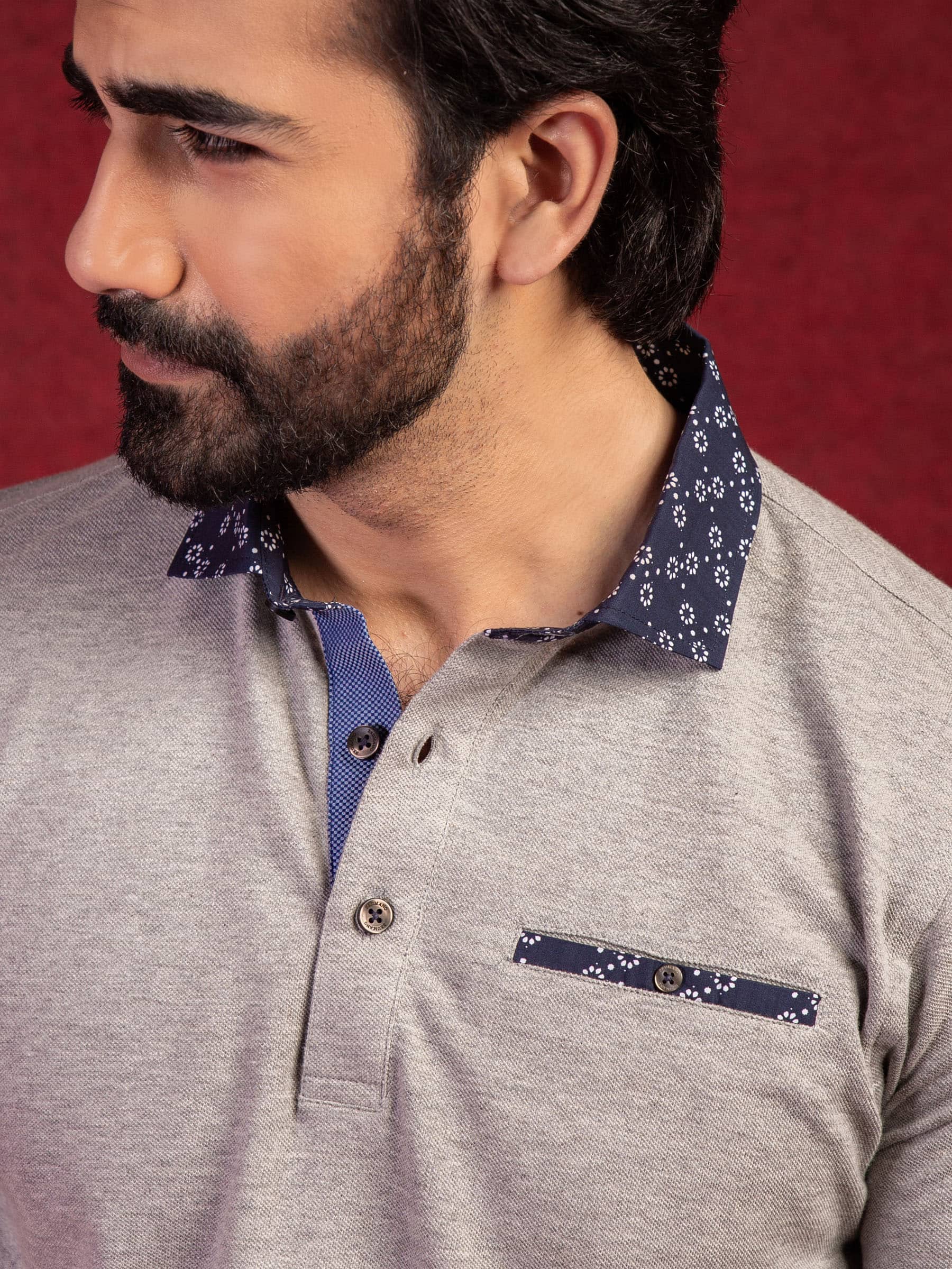 Grey Polo With Navy Printed Collar