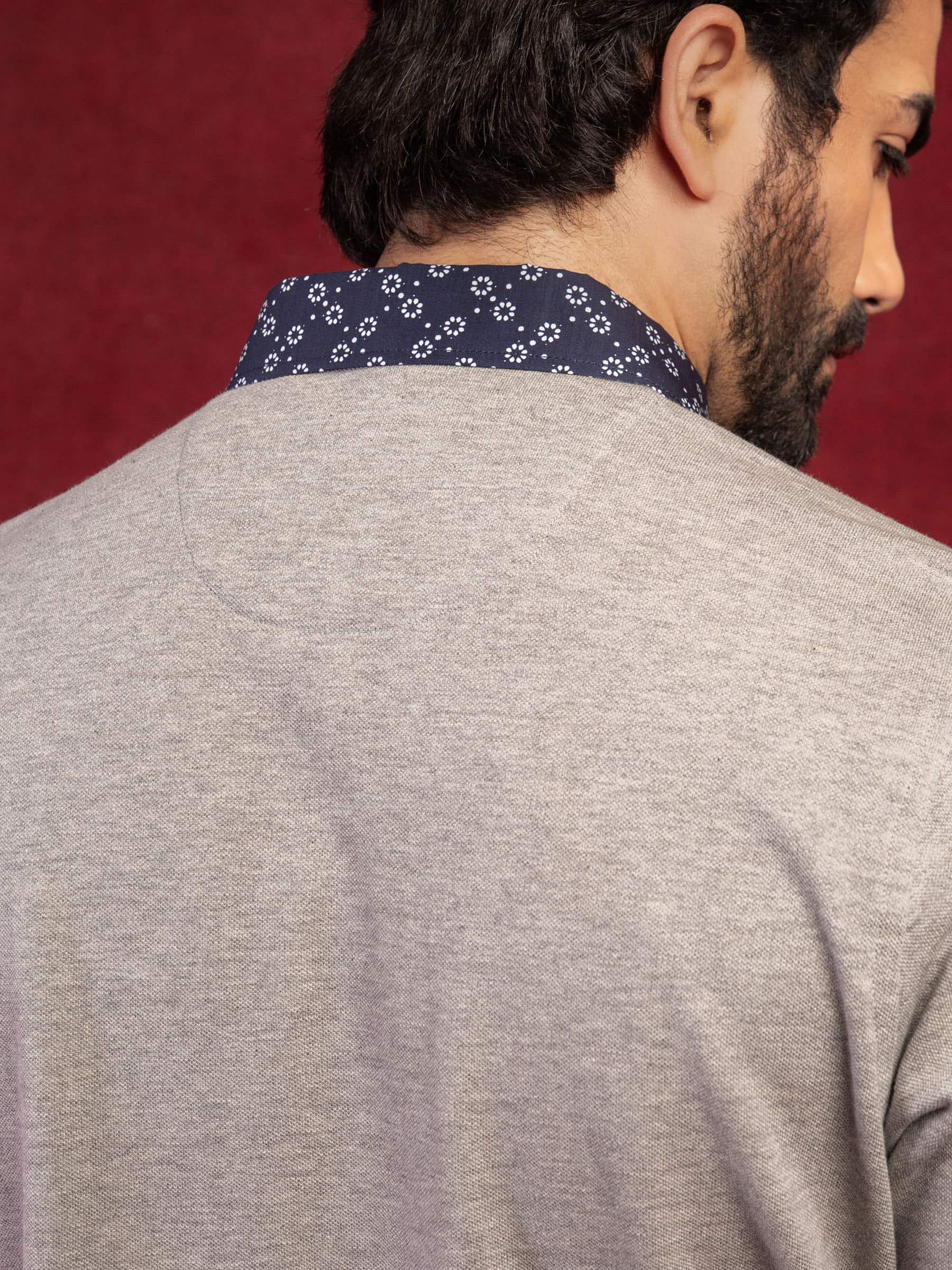 Grey Polo With Navy Printed Collar