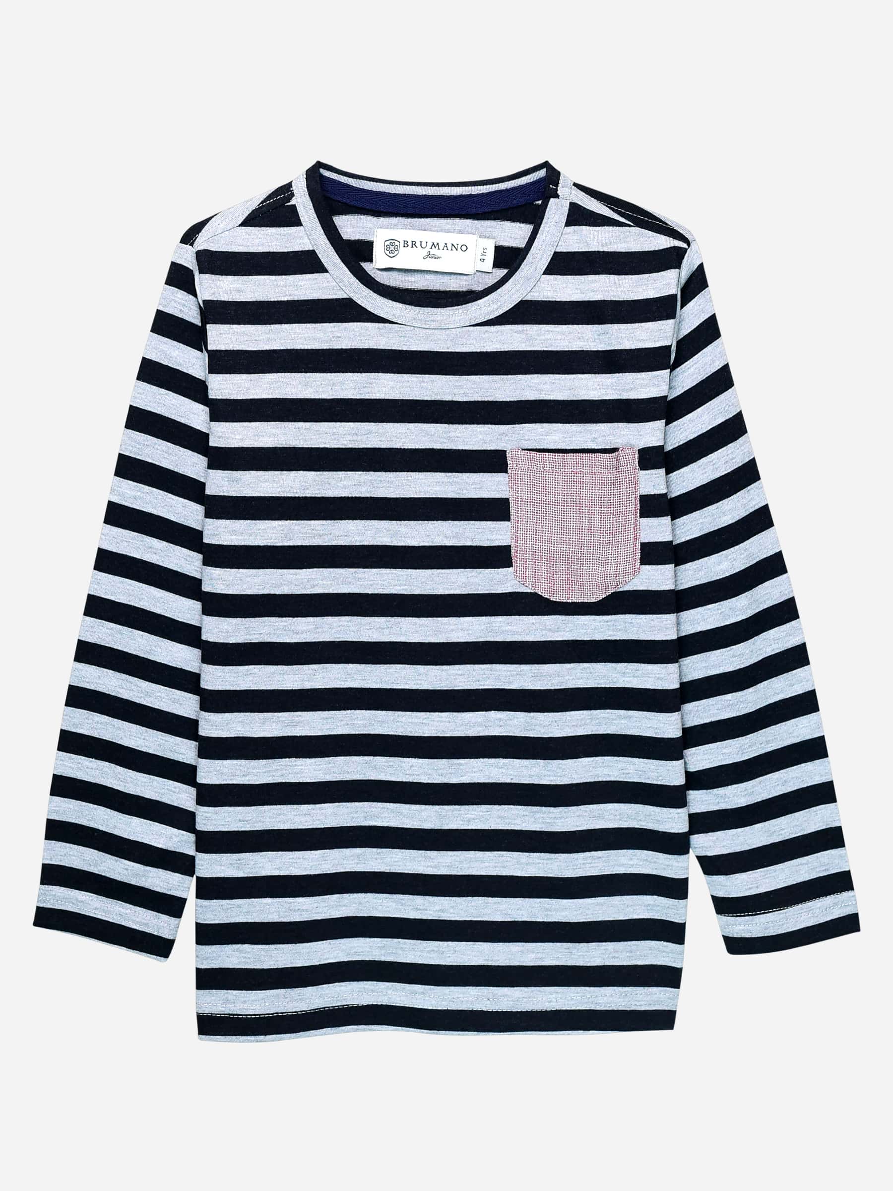Grey Striped Full Sleeve T-Shirt With Contrasting Pocket