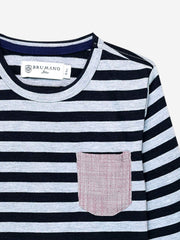Grey Striped Full Sleeve T-Shirt With Contrasting Pocket